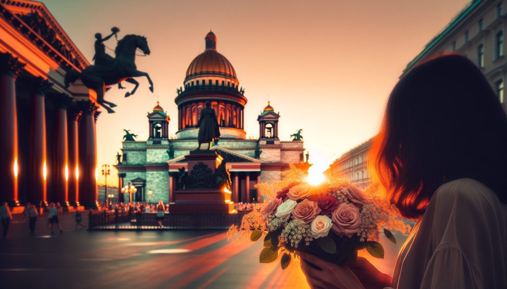 Прогулка у Исаакия и Медного всадника в тёплый вечер: идеи для фото с букетом