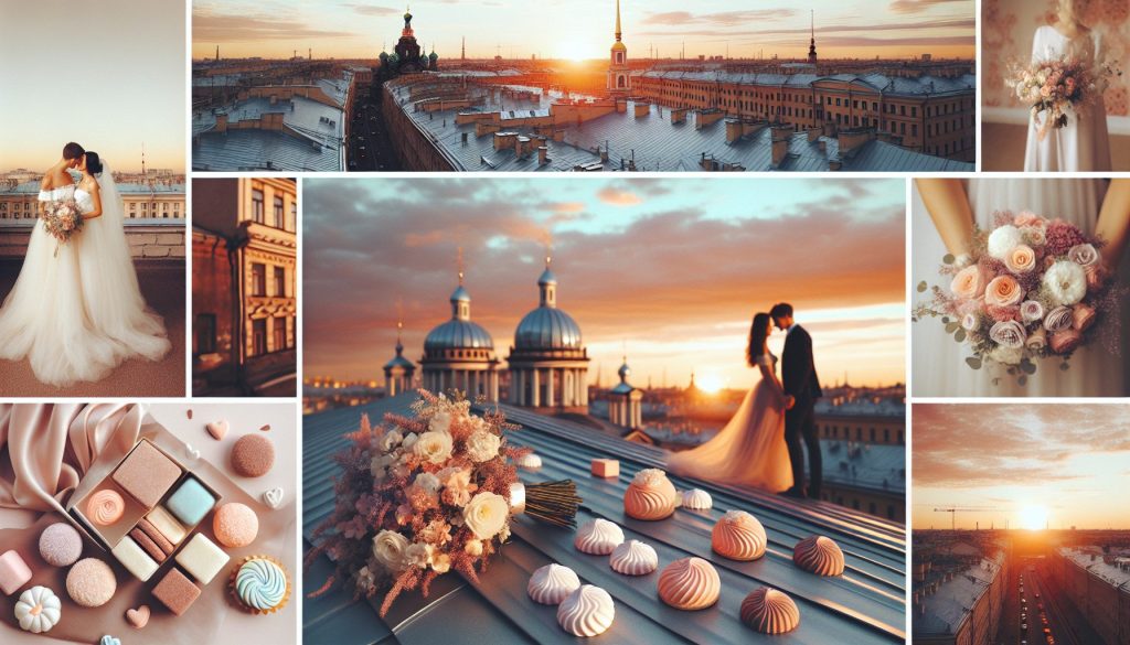 Крыши СПб в тёплый вечер: для свадебной прогулки — букет + сладости: где взять набор