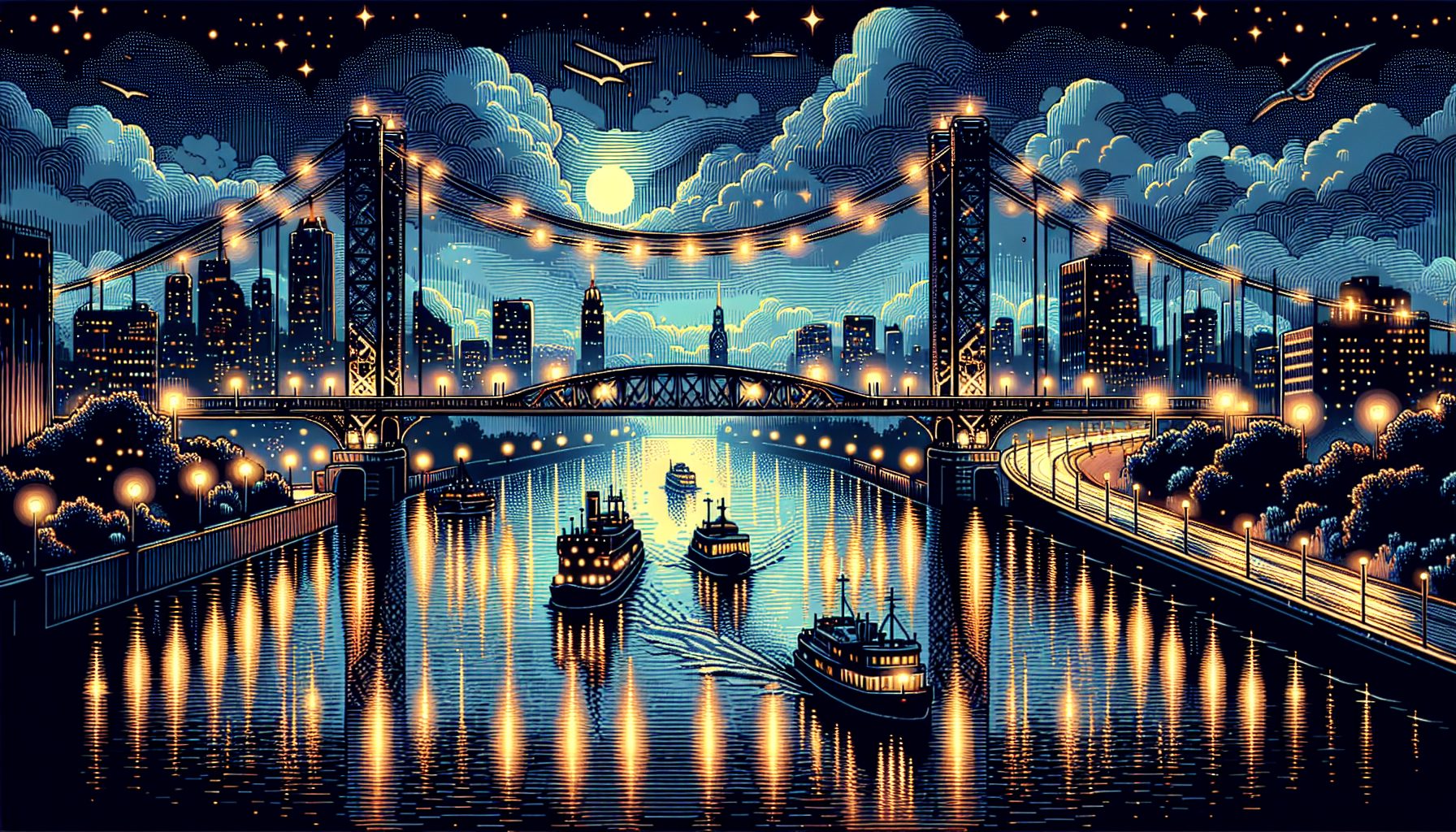 Набережная Лейтенанта Шмидта: река, мост и огни кораблей